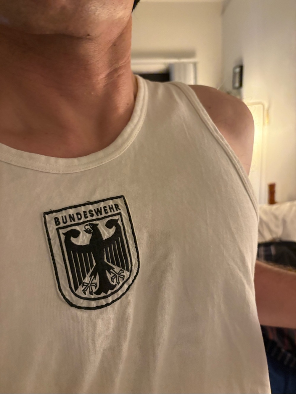 Tank top in White. Cotton. Embroidered black eagle crest. - Picture 14 of 14